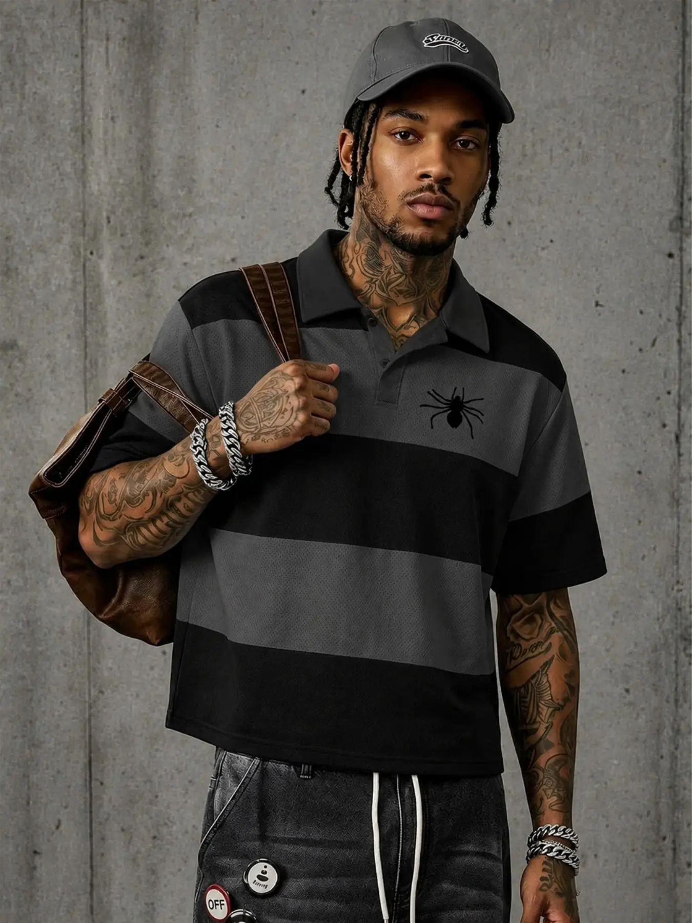 Men's short-sleeved striped polo shirt, spider print color-blocked black and gray striped short-sleeved top, Y2K street style collared button-down T-shirt.