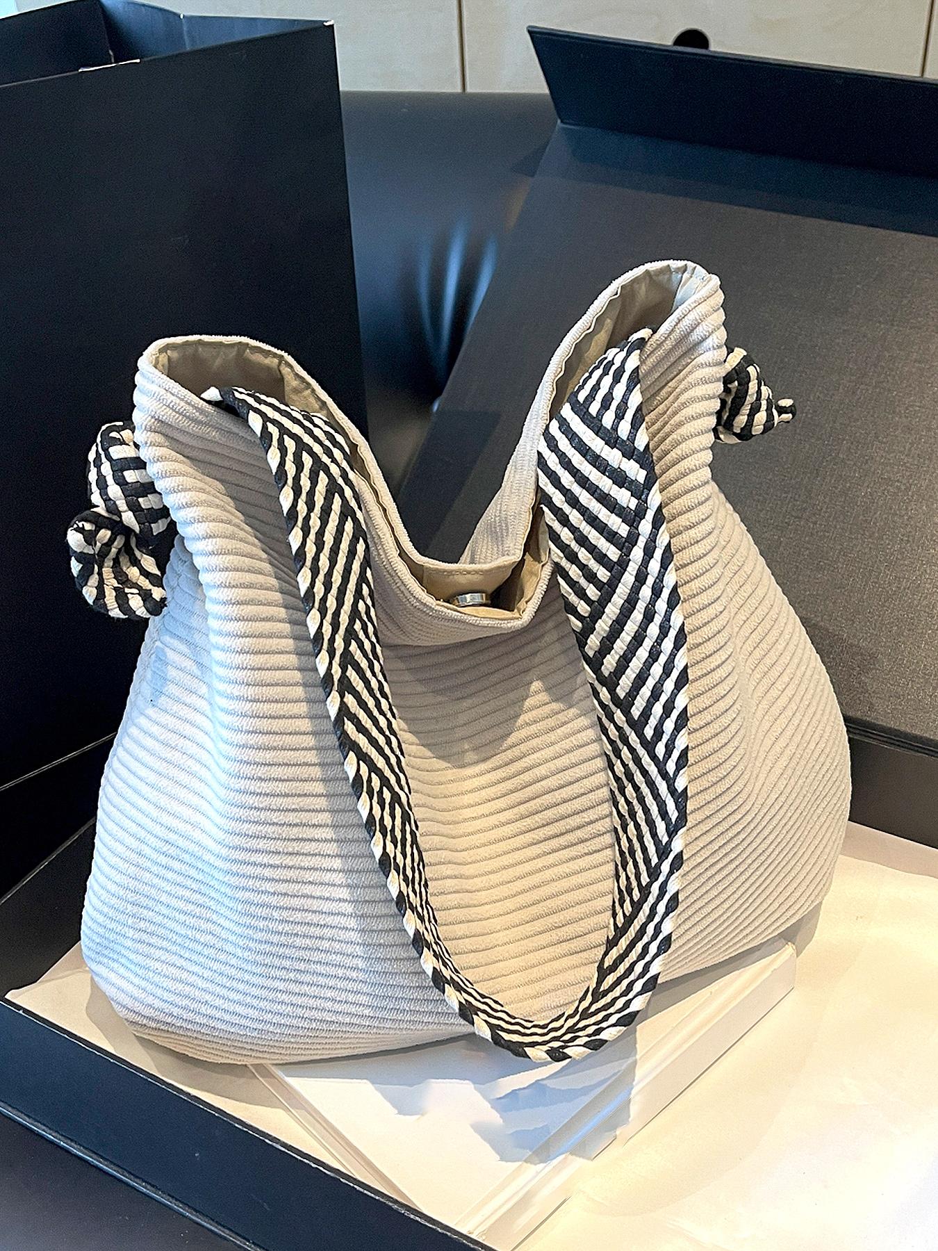 Tote shoulder underarm bag large capacity cloth bag crossbody commuter tote bag, with black and white striped wide shoulder strap, Casual lightweight bag, Crossbody shoulder bags, suitable for daily commuting office workers student party