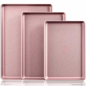 Diamond-Texture Baking Sheet Pan Set, Non-Stick Cookie Sheets, Teflon-Free Heavy Duty Bakeware - 3 Sizes, Baker, Pink Kitchenware CookingAHavenGoods26AB12PeakVibeAB18HomeVibe