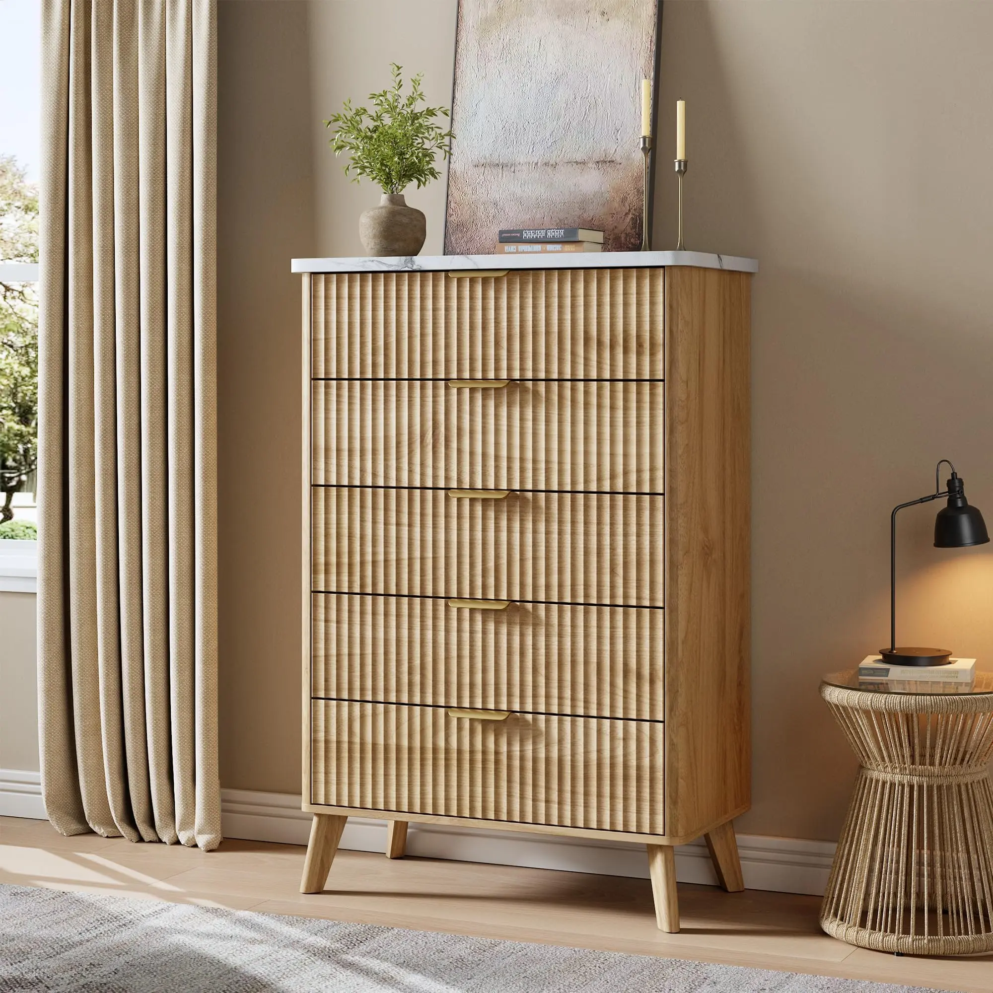 GARVEE Natural Oak Rectangular Wooden Legs Dresser - 5 Deep Drawers Bedroom Indoor Storage Cabinet with Spacious Compartments