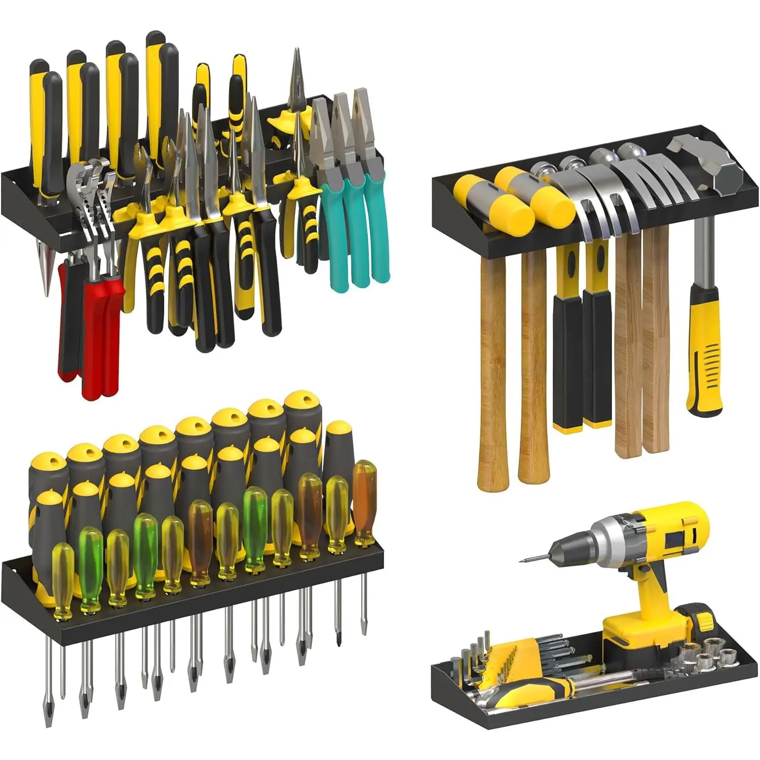 Wall Mount Hand Tool Storage Set, Screwdriver Organizer, Pliers Holder, Hammer Rack, Metal Hardware Tray  Garage Workshop Workbench - 4 Pack