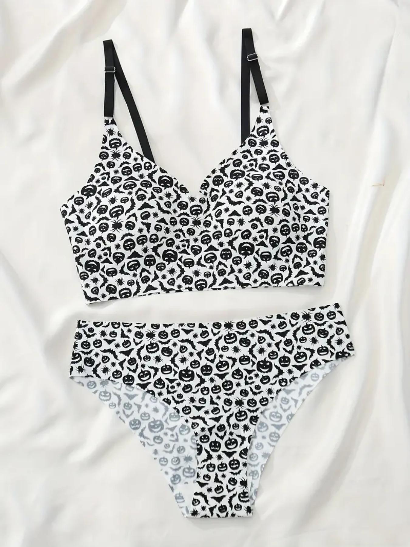 Three-Piece Set Women's All Over Print Wireless Bra & Panty Two-Piece Set, Adjustable Strap Lingerie Set, Soft Comfy Breathable Underwear Set for Women