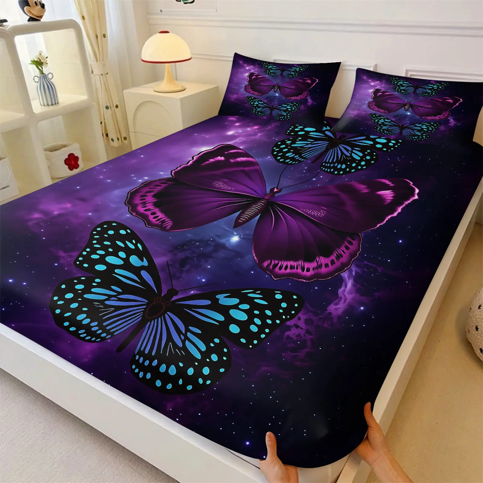 3-Piece Galaxy Butterfly Fitted Sheet Set & 2 Coreless Pillowcases, Deep Pocket Non-Slip Design, Soft Skin-Friendly Breathable Fabric, Breathable Sheets, Vibrant Teal & Purple Butterfly Print, Aesthetic Bedding for Girls & Teens Bedroom Decor