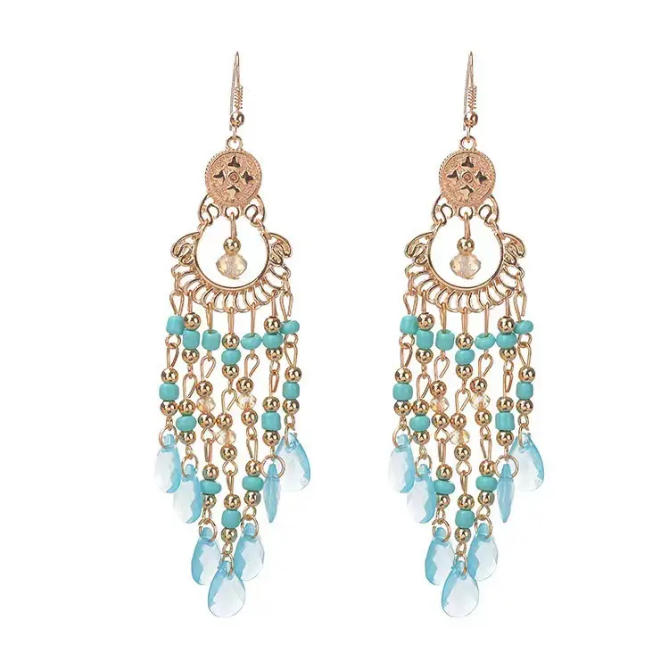 Ethnic Fringe Dangle Earrings Colorful Beaded Chandelier Style for Women’s Boho & Festival Fashion Turquoise & Gold Tone Drop Earrings for Beach Vacations & Festivals Long Fringe Drop Earrings for Bohemian Style, Parties & Vacation Wear