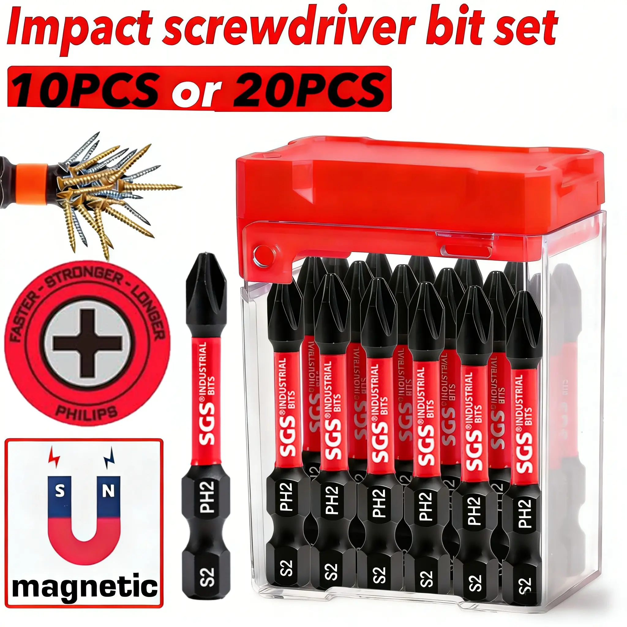 10/20PCS 50mm PH2 Phillips Bits, Quenched Hard S2 Steel, Magnetic Anti-slip Groove, Reinforced Tip, Impact & Rust Resistant, for Electronics, Woodworking & Power Tools