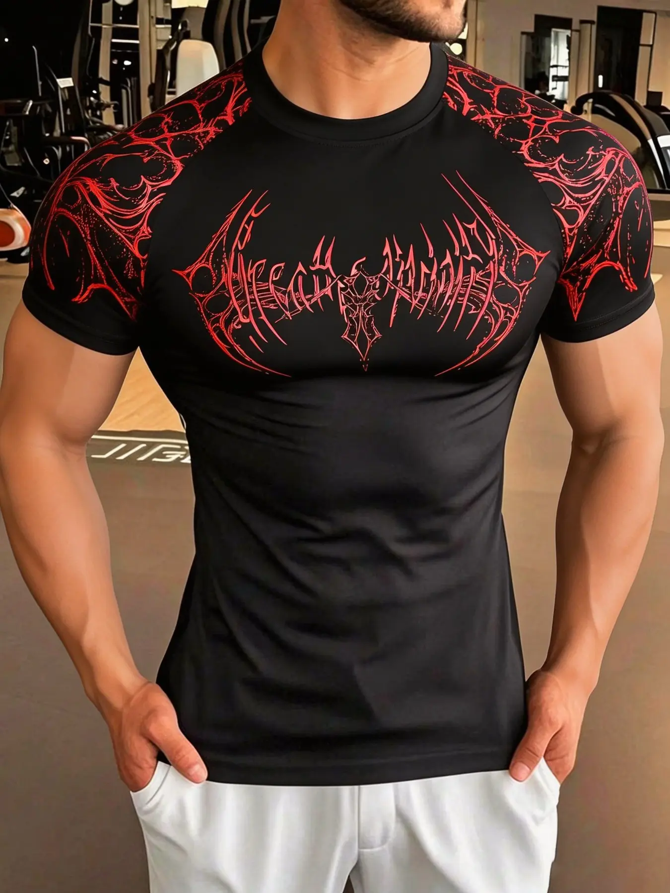 Men's Gothic Fitness T-Shirt, Thorn Vine Print, High Elasticity, Quick-Dry, Breathable, Slim Fit, Ideal for Gym Training, Streetwear