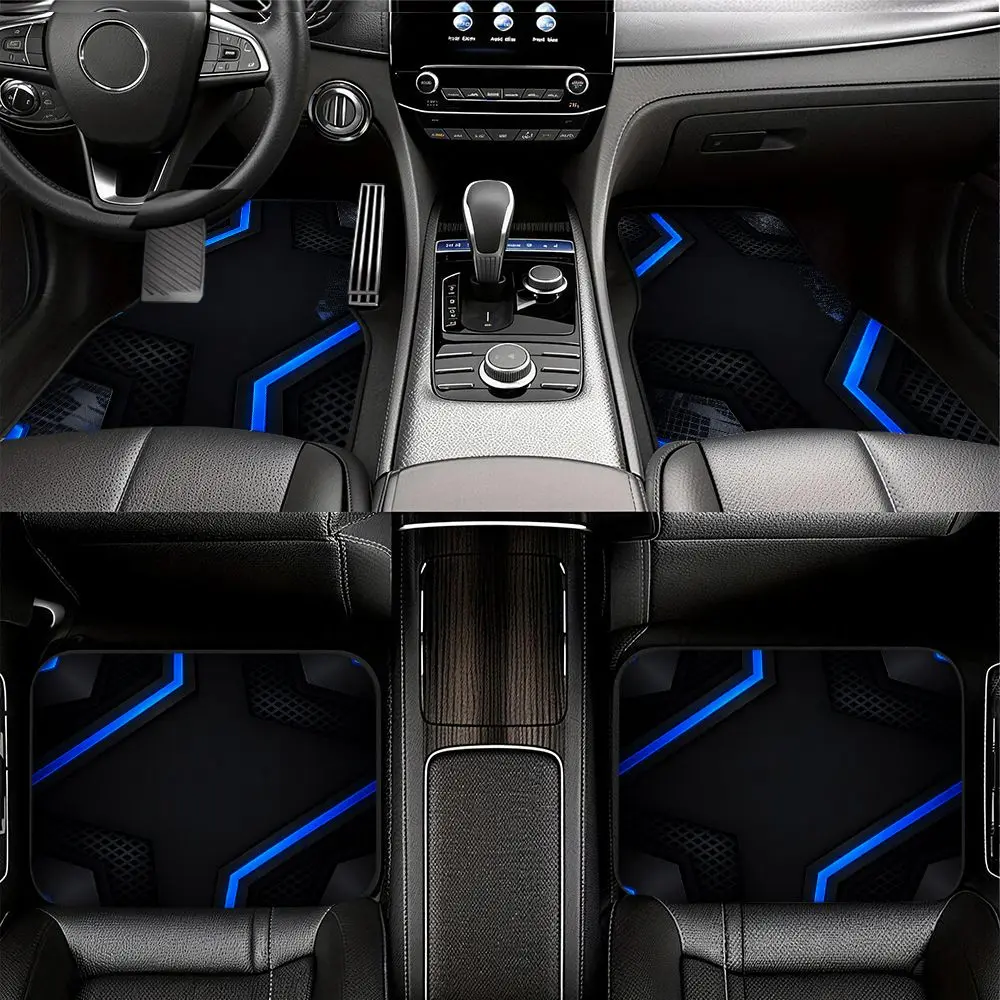 4-Piece Neon Blue Geometric Car Mats Set, Polyester Fiber Non-Slip Front and Rear Carpets, Universal Car Interior Decor Accessories