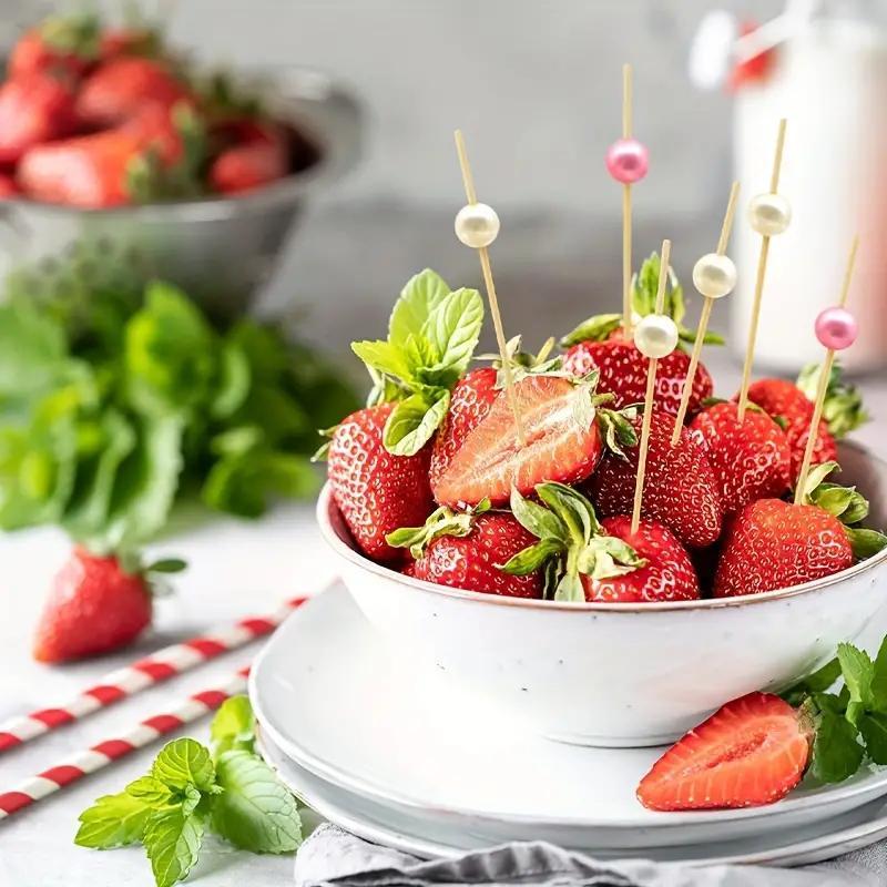 Bamboo Fruit Stick (100pcs), Faux Pearl Decor Cocktail Stick, Party Dessert Stick, Disposable Food Stick for Party, Festive & Party Supplies, Party Accessories, Disposable Cocktail Sticks