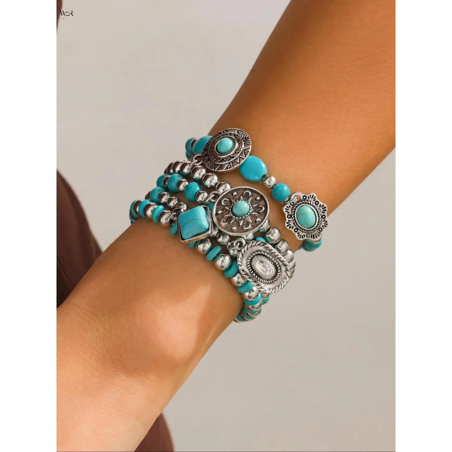 5 Pcs Bohemian Bracelets for Women, Stackable Stretch Turquoise Bangles with Antique Alloy Carved Charms