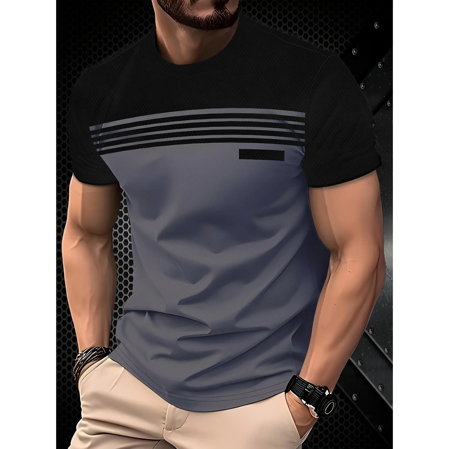 Men's Fashionable Casual T-Shirt - 100% Polyester, Round Neck Short Sleeve, Machine Washable, Comfortable for All Seasons, Suitable for Daily Wear |   Round-neck T-shirt |   Smooth texture fabric