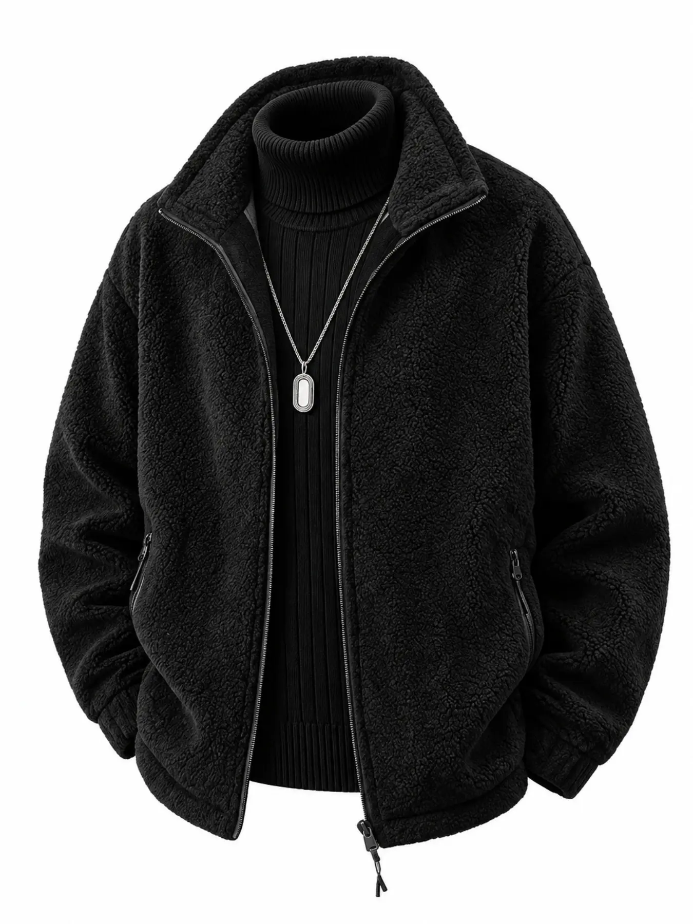 Men's Plus Size Fleece Jacket, Long Sleeve, Thick Warm Faux Fur Coat, Casual Stand Collar Top, 2xl-6xl, Ideal for Outdoor Activities, Gift Essential