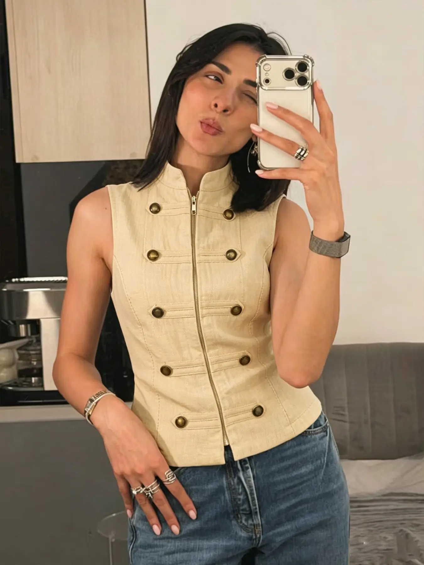 Women's Cropped Button‑Decorated Vest, Elegant Sleeveless Slim‑Fitted Zip‑Up Vest, Summer Casual Vintage Streetwear, Casual Fashion Vest, Black & Khaki