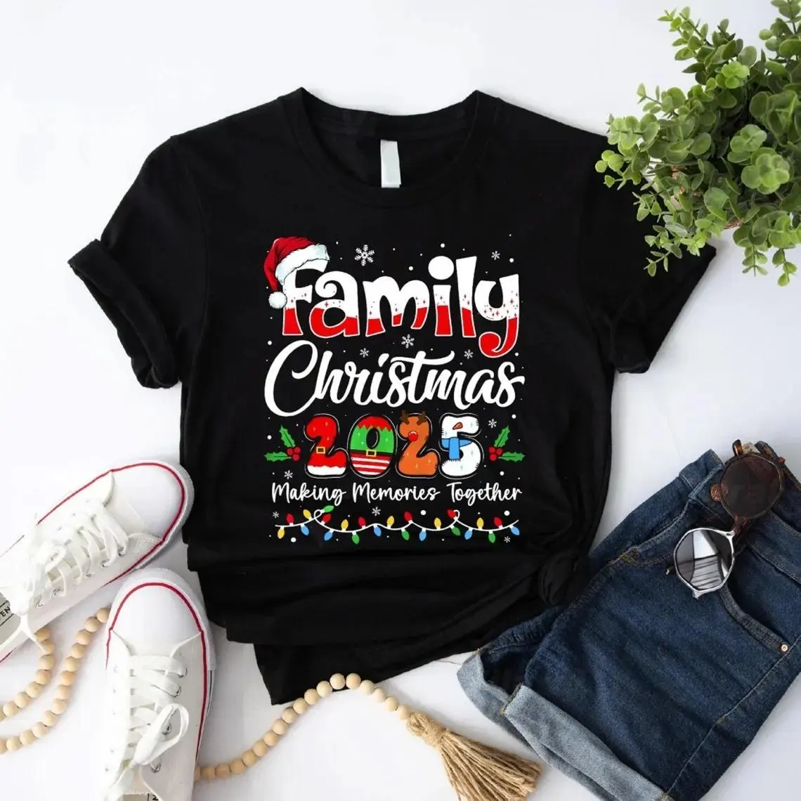 Women's Ribbed Cargo T-Shirt - 2025 Family Matching Xmas Squad Santa Outfit, Colorful Denim-Inspired Top for Festive Holiday Love, Breathable, Soft, Comfortable, Graphic, Shortsleeve, Streetwear, Oversized, Tee, Tshirt, Cotton, Everyday, Casual, Round Nec