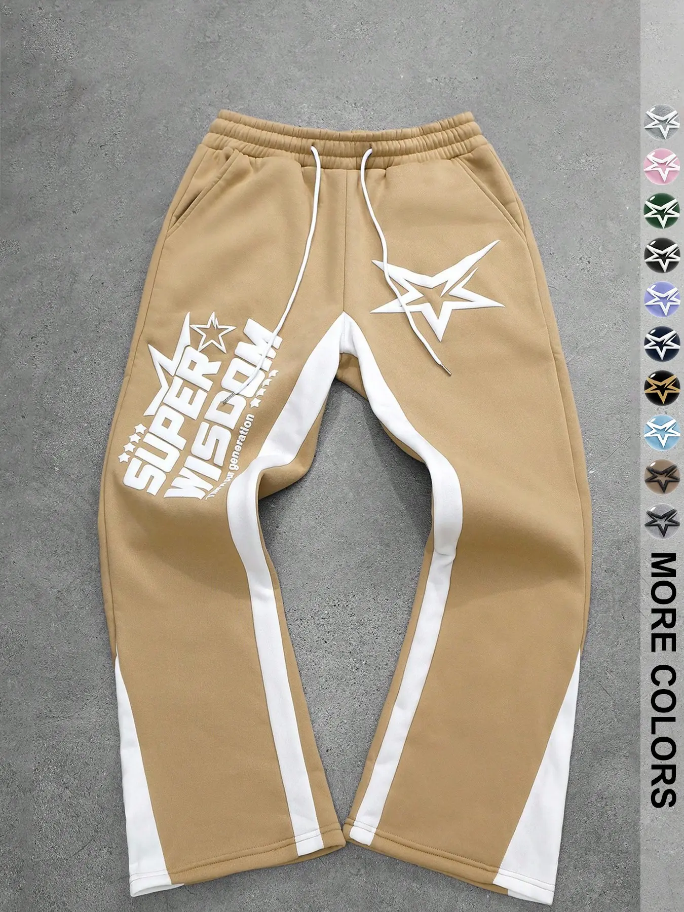 Men's Y2K Color Block Letter and Star Print Drawstring Sports Pants, Dark, Winter Style, Streetwear, Casual Loose Bell Bottoms