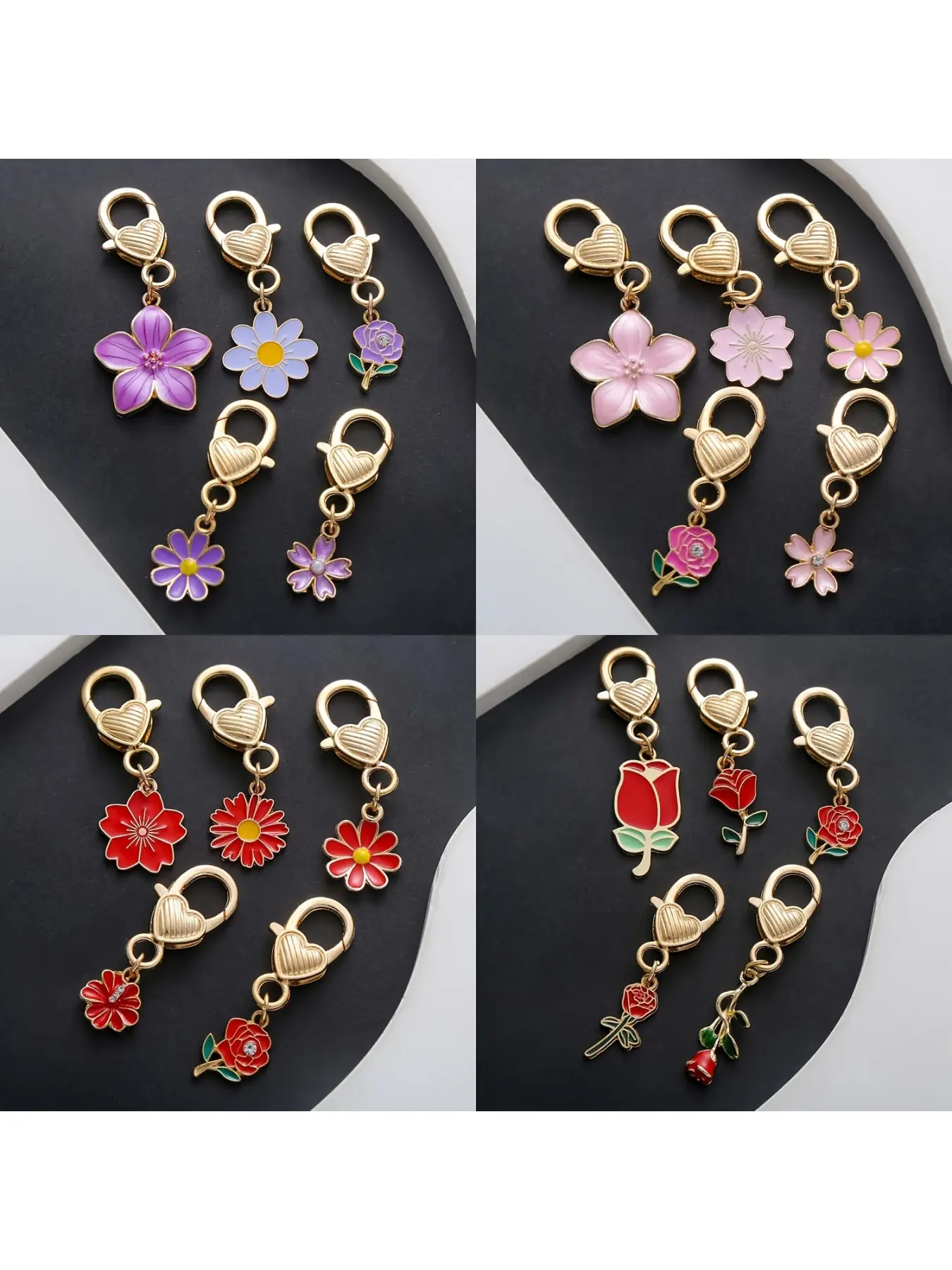 5pcs Fashion Enamel Flower Keychains, Alloy Rose Flower, Cherry Blossom, Chrysanthemum Key Ring, for Car Keys, Backpacks, Wallets
