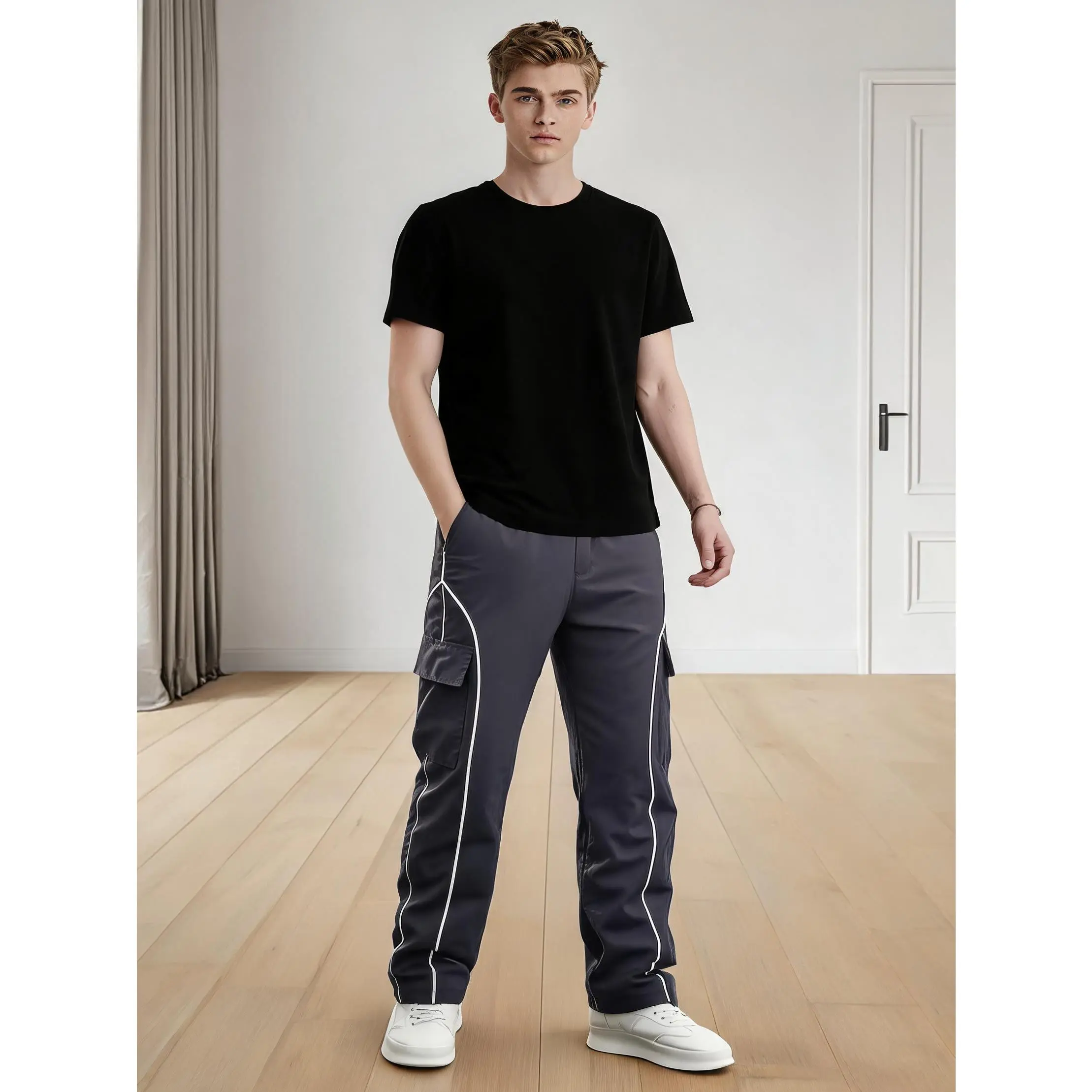 Men's Streetwear Cargo Track Pants - Contrast Stripe Drawstring Waist Loose Fit Daily Casual
