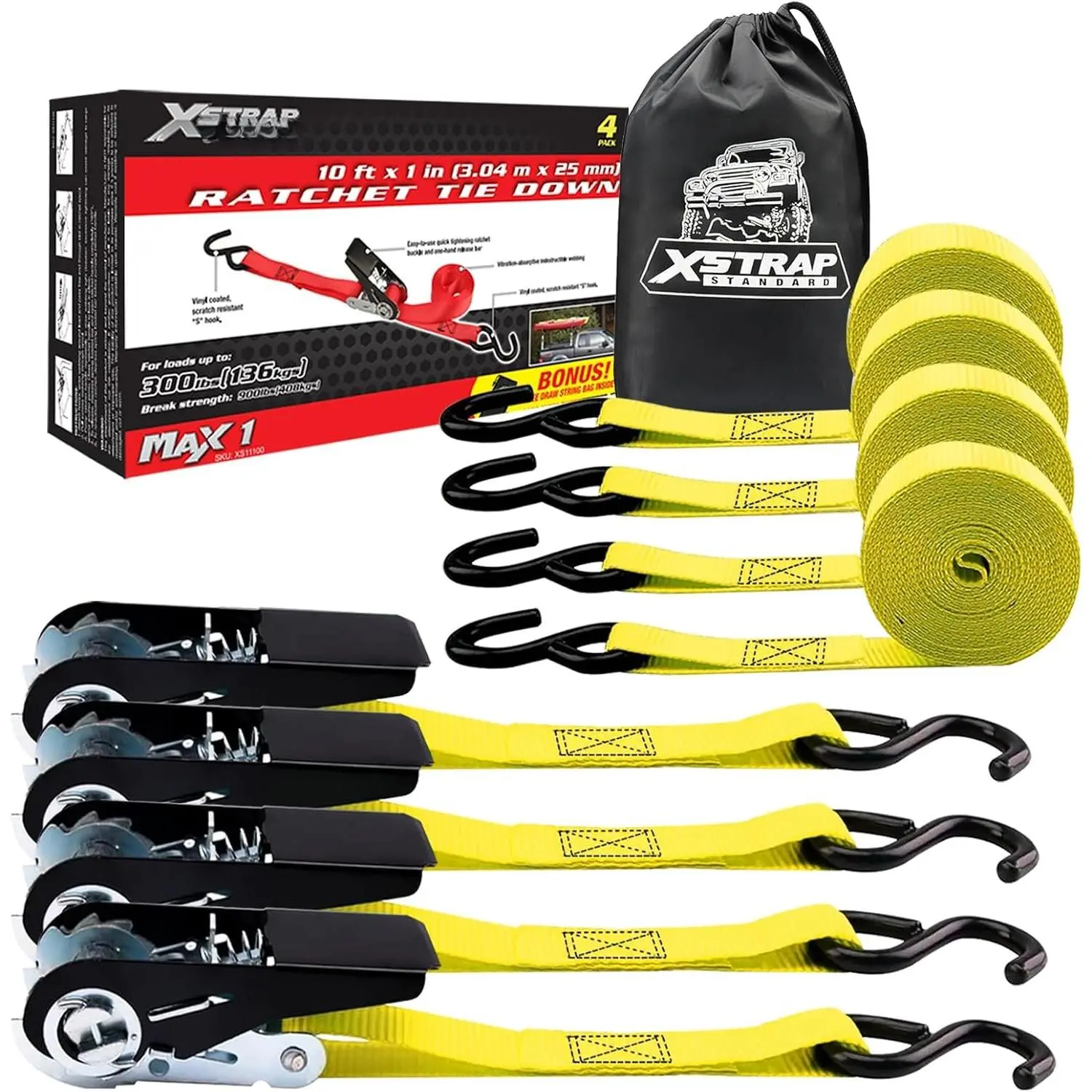 4PK 1"x10ft Ratchet Tie Down Straps 300Lb Load Cargo Straps | 900 Lbs Break Strength Securing Straps with S-Hook for UTV, ATV, Pickup,, Moving Appliances, Lawn Equipment, Yellow
