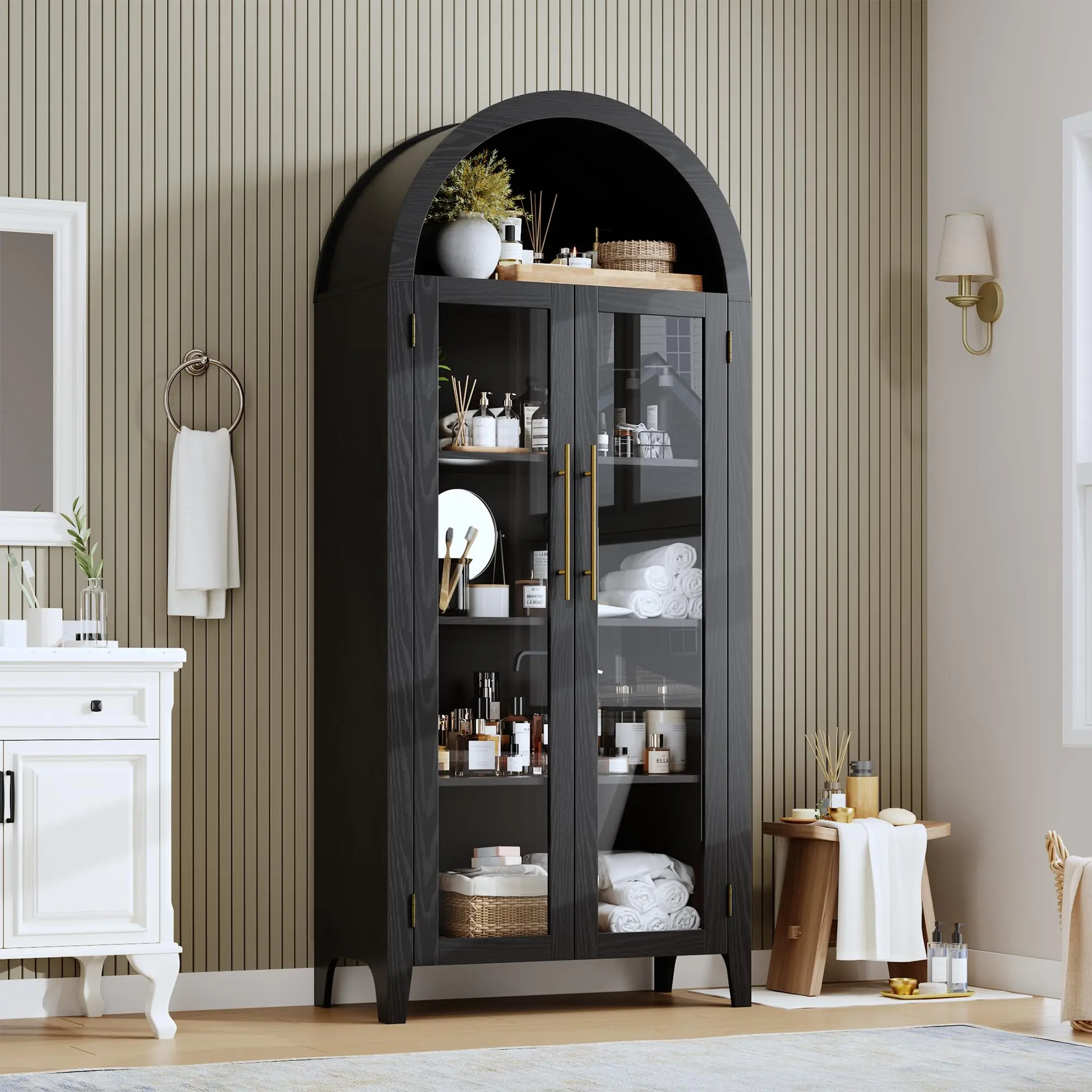 5-Tier Arched Top Wood Farmhouse Kitchen Pantry Storage Cabinet - Classic Cozy Display Curio Cabinet with 2 Doors, Adjustable Shelf for Kitchen, Dining Room, Dark Finish