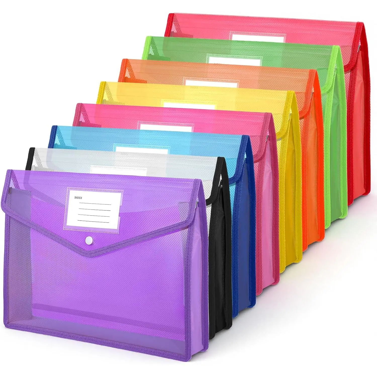 8 Pack Plastic Expanding File Folders, Envelope Folders for Documents | Transparent Expandable File Folder, Colorful File Folder Organizer with Snap Closure, Large Capacity, Letter/A4 Size