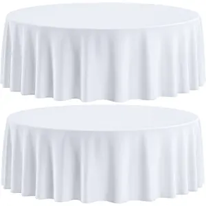[2 Pack] White Round Tablecloths 90 Inch [Perfect Size for 30-60 Inch Tables] 200 GSM Premium Quality Textured Washable Polyester Fabric 90" Table Cloth White