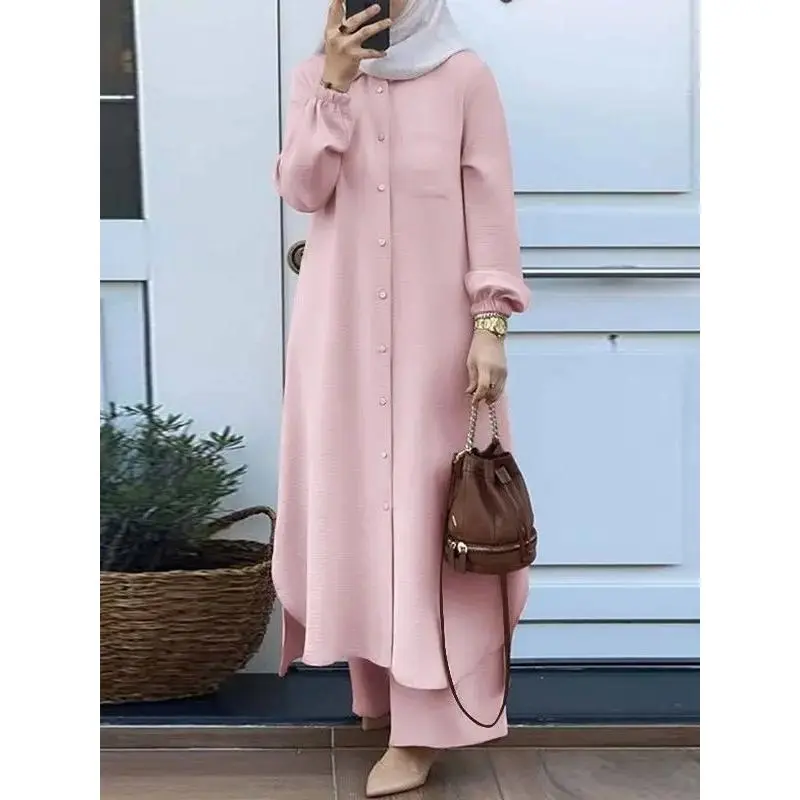 Muslim Women's Two Piece Long Sleeved Shirt and Pants Set - Comfortable and Stylish Outfit for Everyday Wear..