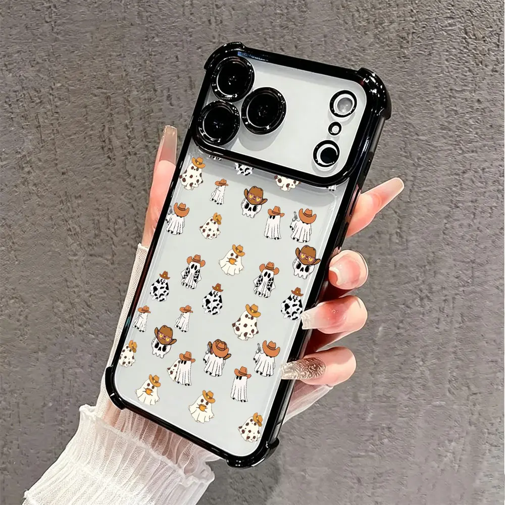 Cow Print Cowboy Ghost Seamless Phone Case,Cute Western Ghost With Hat Repeat Pattern White Background for iPhone 17 16 15 14 13 12 11 Plus Pro Max,Fun Halloween Cowgirl Trendy Youth Present Gift