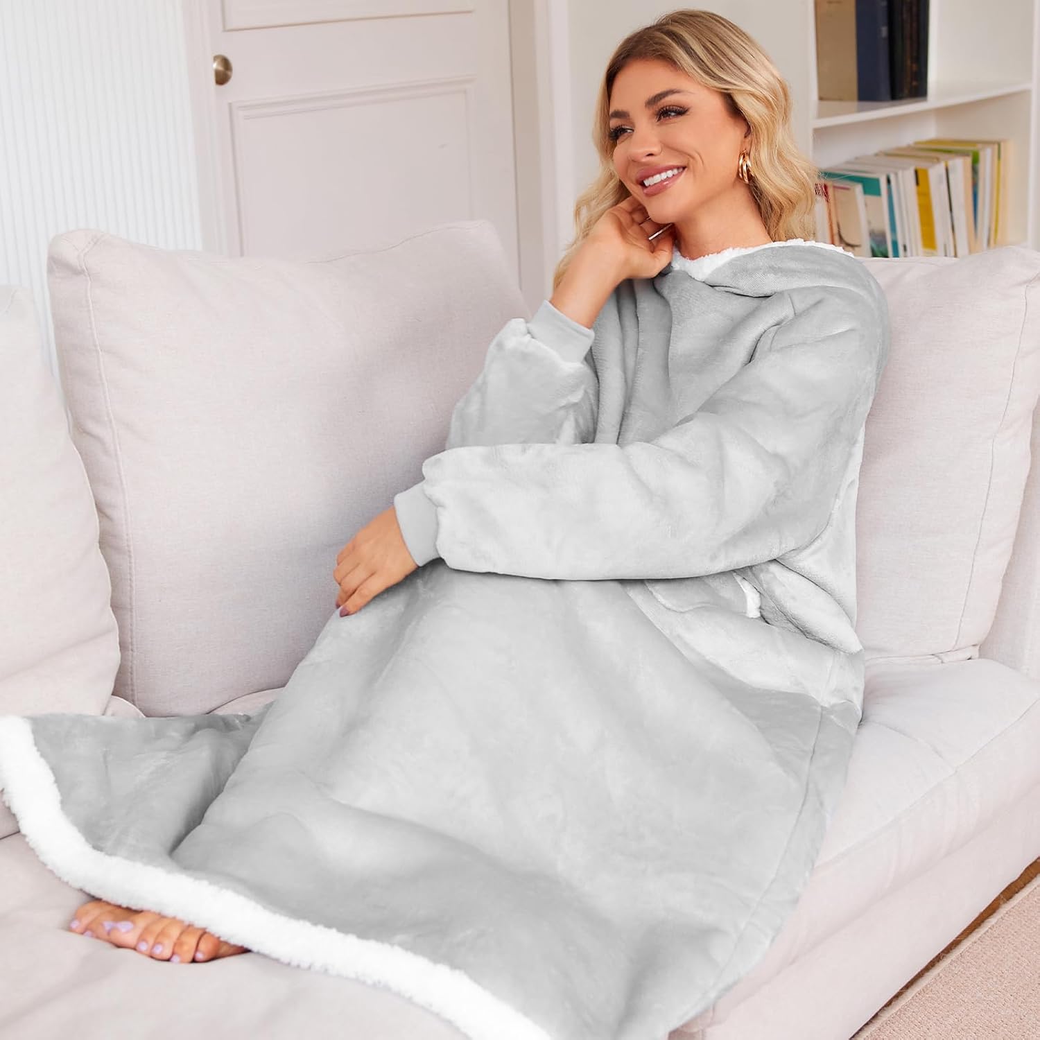 5FT  Wearable Blanket Hoodie Flannel Sherpa Fleece Warm Cozy Christmas Wrap Throw Gifts for Adult