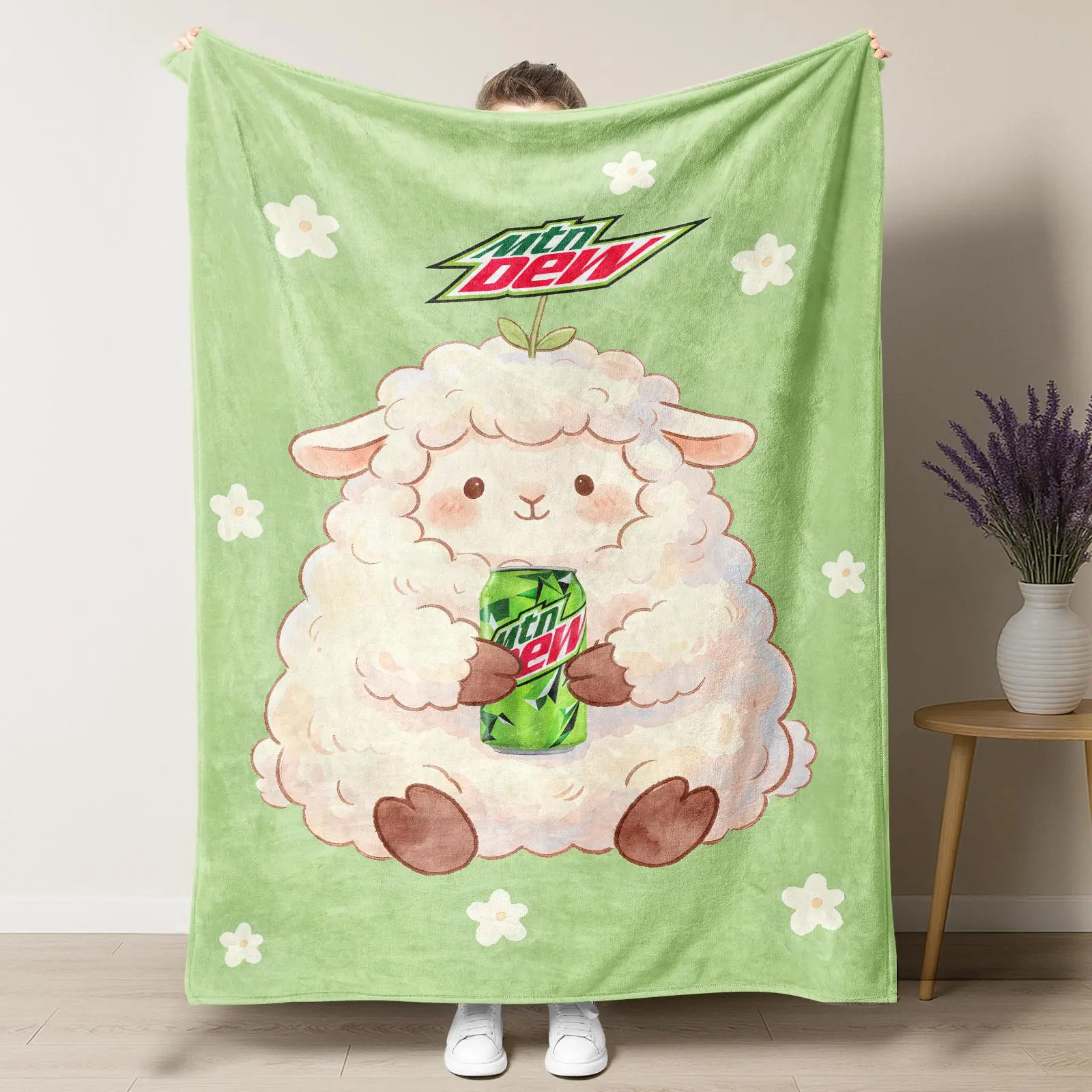 Cute Sheep Soda Lover Flannel Blanket,Mountain Dew,Dr Pepper,Coca-Cola & Pepsi Print Soft Fleece Blanket,Kawaii Adorable Cartoon Sheep Home Decor Sofa Blanket,Perfect Gift For Soda Lovers & Coquette Fans,Summerwins