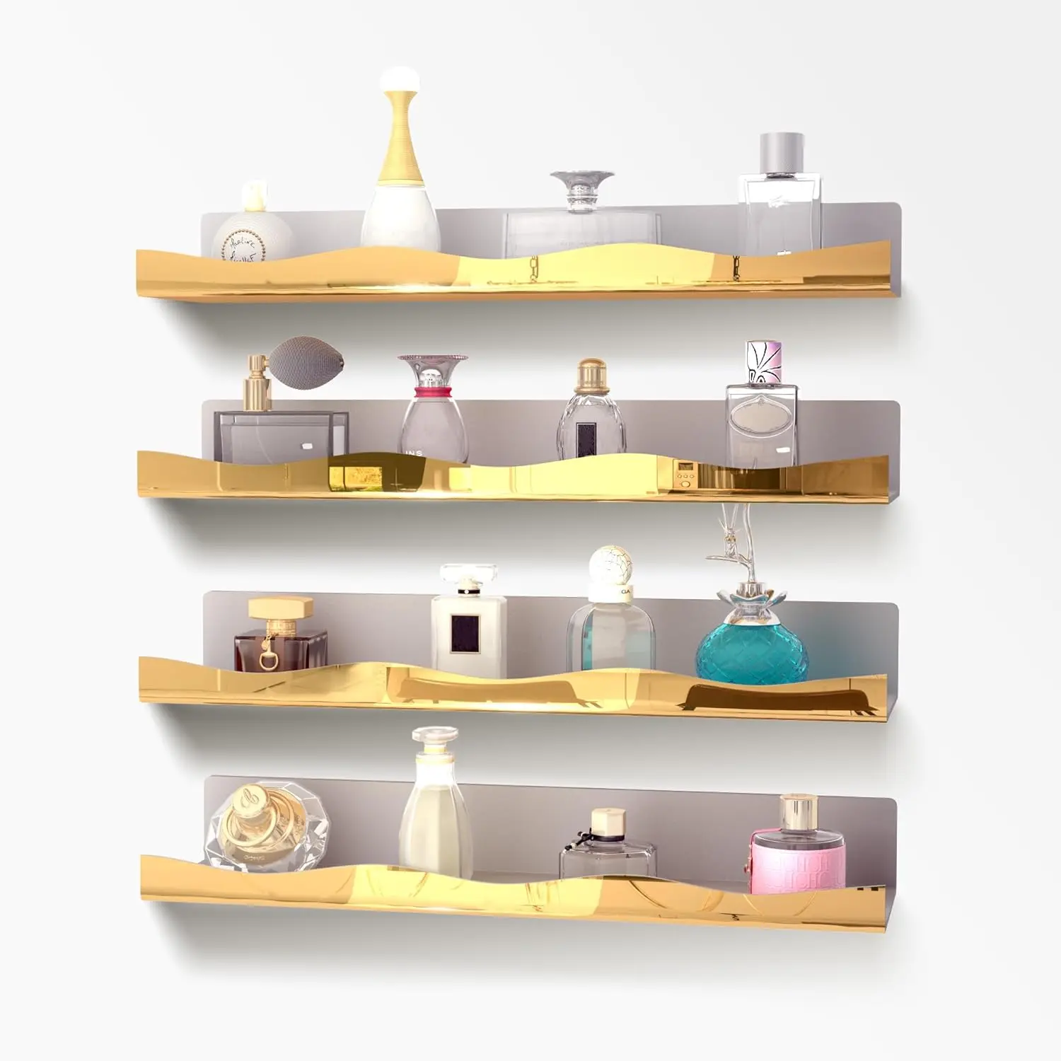YMVV 4-Pack 15.7in Large Golden Reflective Acrylic Mounted Floating Shelves, Chic Wall-Hanging Organizer, Bathroom Storage & Perfume/Toy Display Shelf, Ideal Home Decor Gift, Installation