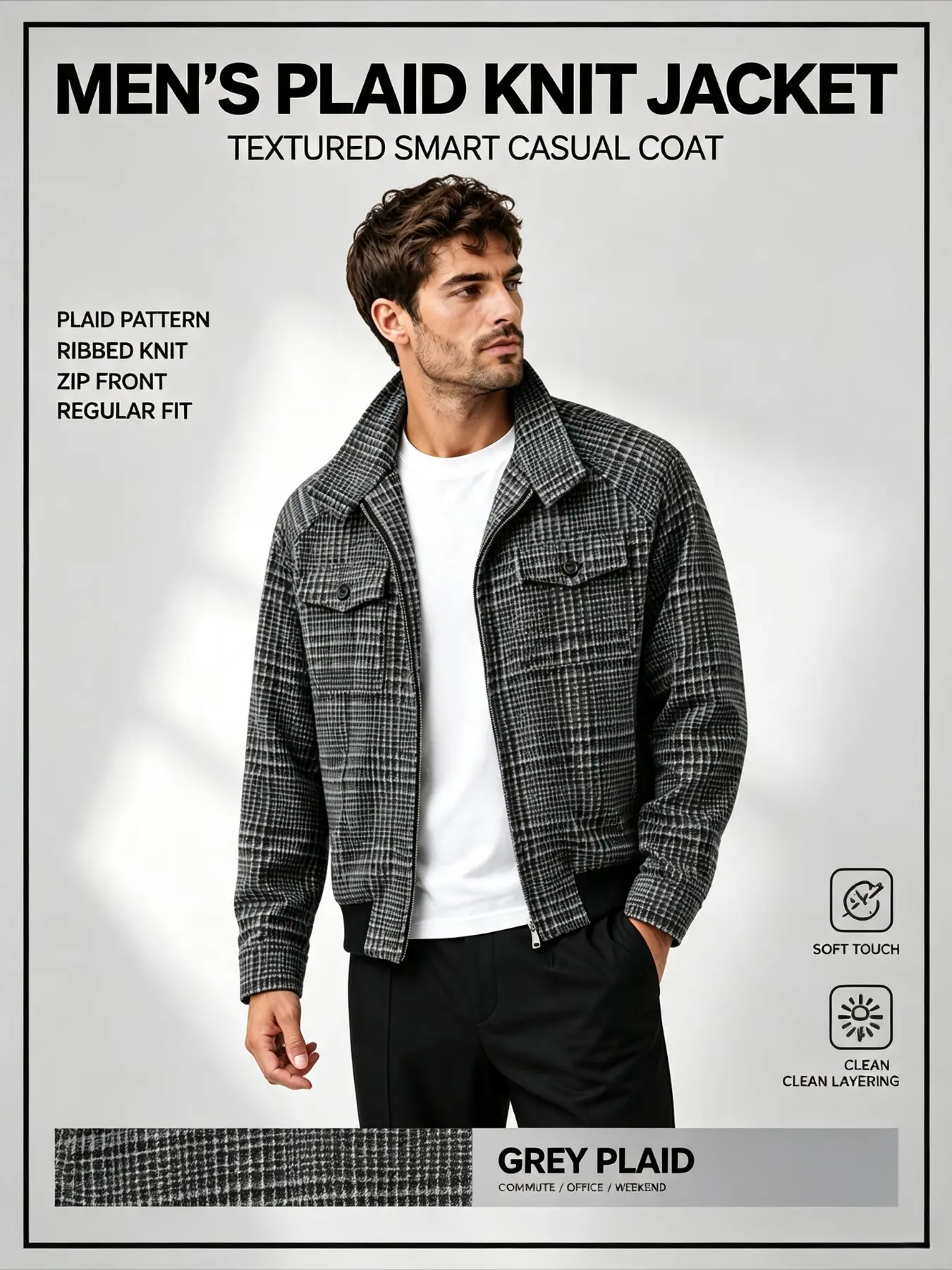 Men's Quilted Leather Cleanfit Harrington Collar Plaid Fashion Jacket, comfortable, windproof and warm, suitable for daily commuting and outdoor activities.