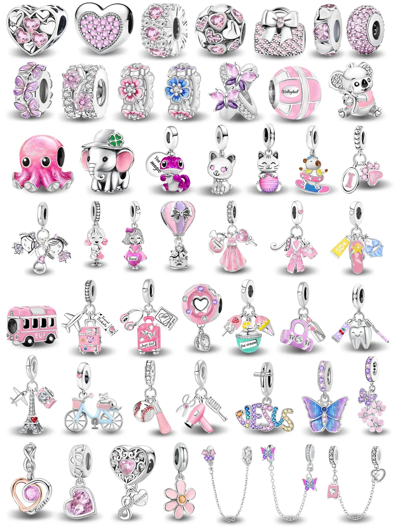 Cute Pink Tone Copper Plated Animal Doll and Butterfly Bead Charms with Sparkling CZ Accents Decorative Charm for Daily Bracelet Stacking and Birthday Gifting Fashionable Charms