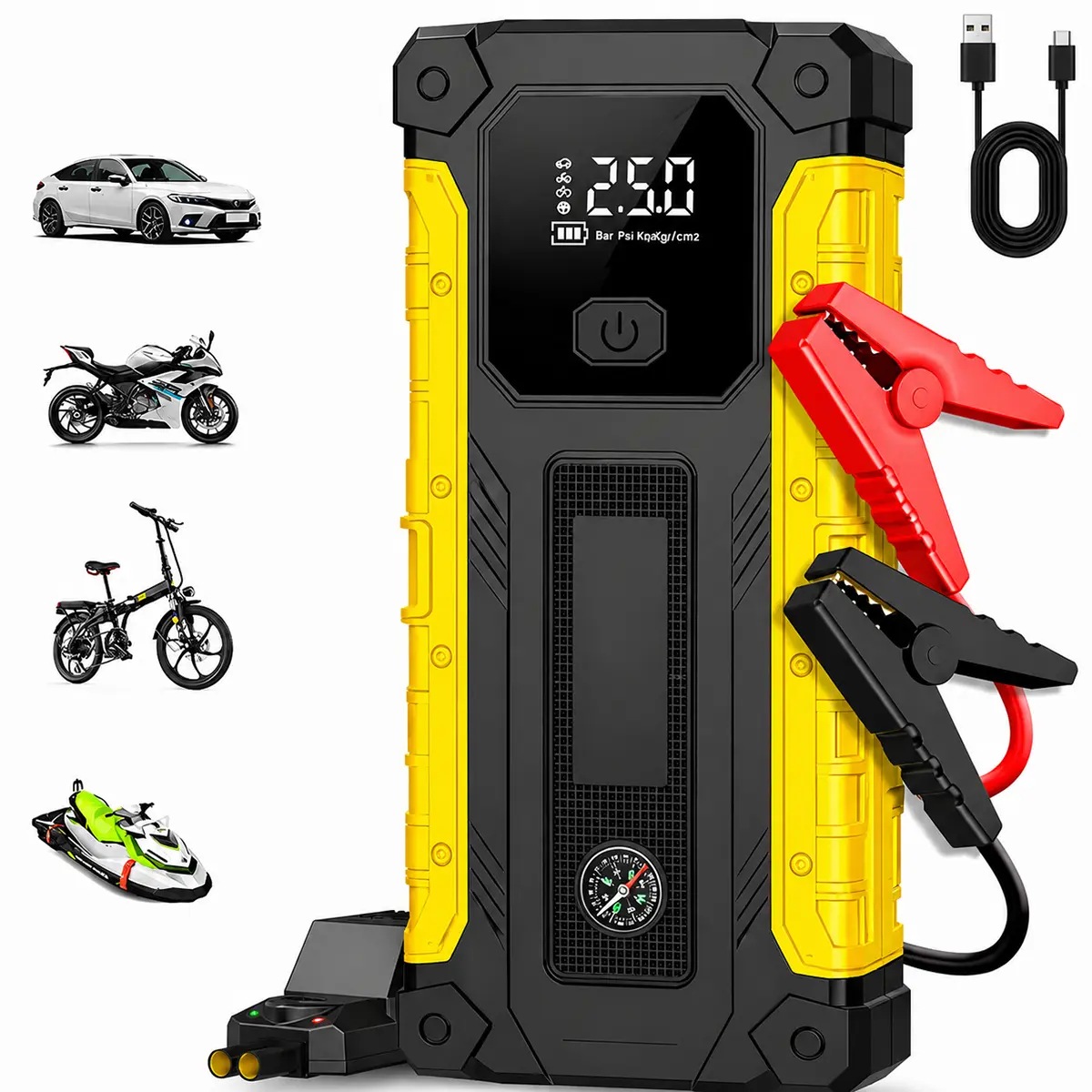 5-in-1 car emergency jump starter power supply, in-vehicle roadside rescue tool, multiple safety protections, compatible with gasoline and diesel vehicles, USB charging, LED emergency lighting, second-generation upgraded version, shipped from local wareho