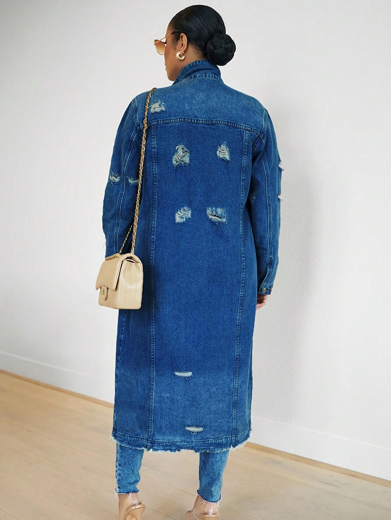 Womens Distressed Ripped Denim Trench Coat Casual Slim Button Down Washed Long Jean Jacket Long Sleeve Solid Color Coat SpringStatements