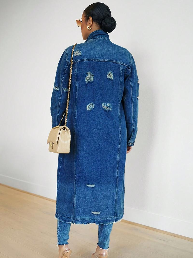 Womens Distressed Ripped Denim Trench Coat Casual Slim Button Down Washed Long Jean Jacket Long Sleeve Solid Color Coat Womens Distressed Ripped Denim Trench Coat Casual Slim Button Down Washed Long Jean Jacket Long Sleeve Solid Color Coat