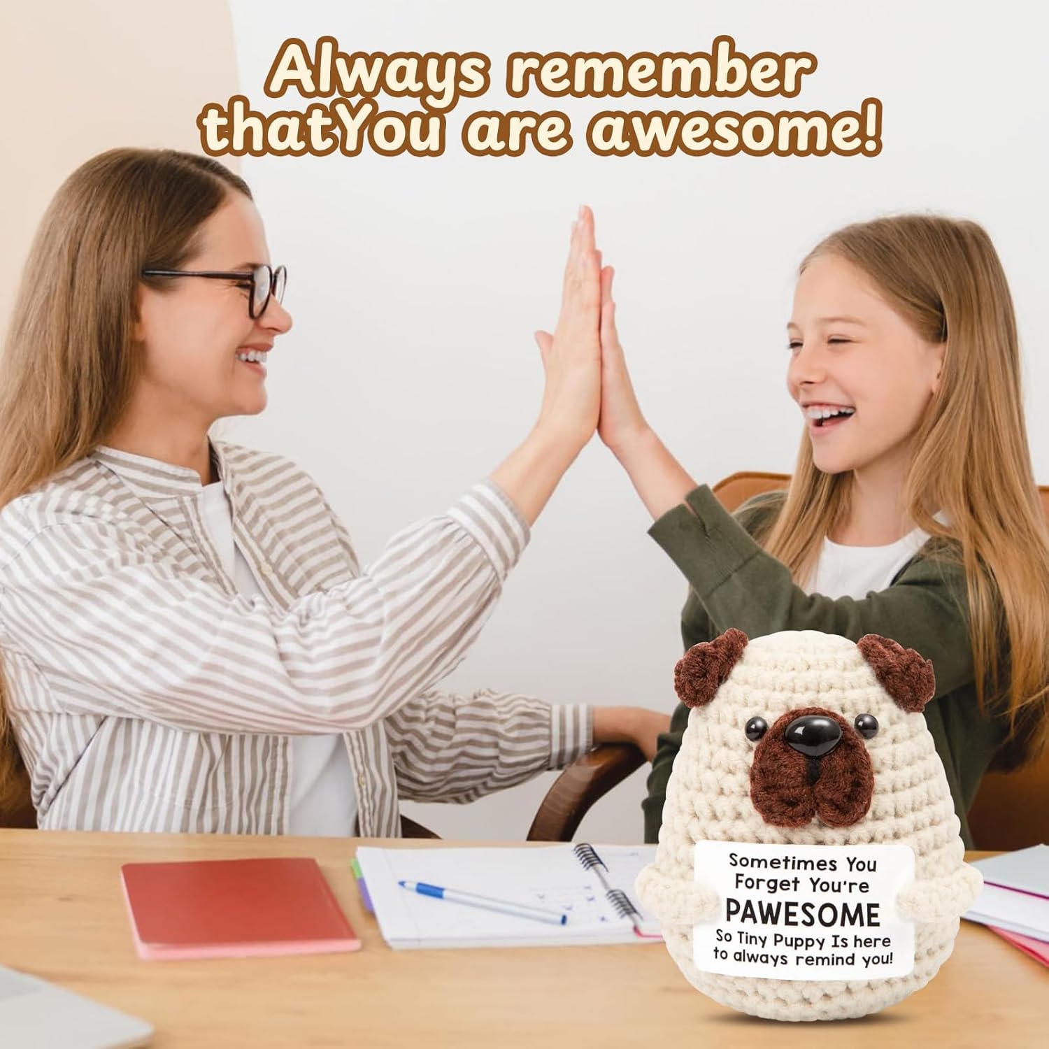 Mini Positive Crochet Dog, Handmade Emotional Support Puppy with Inspirational Message Card, Cute Stuffed Animal for Stress Relief & Encouragement, Heartwarming Gift for Friends Family