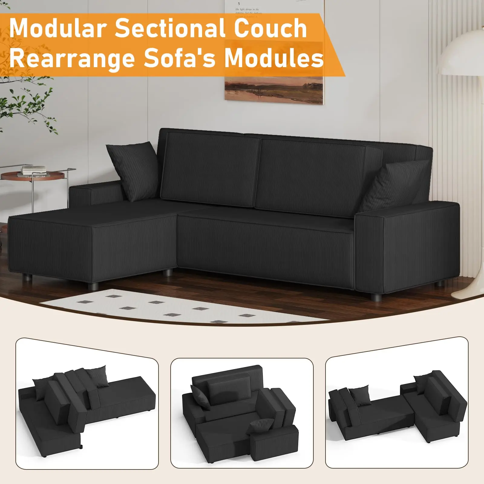 Modern Comfort L-Shaped Corduroy Sectional Sofa - Fine Stripe Deep Seat Modular Couch with Oversized Chaise - Comfortable Foam Cushion for Living Room, Apartment, or Hotel - Multiple Colors