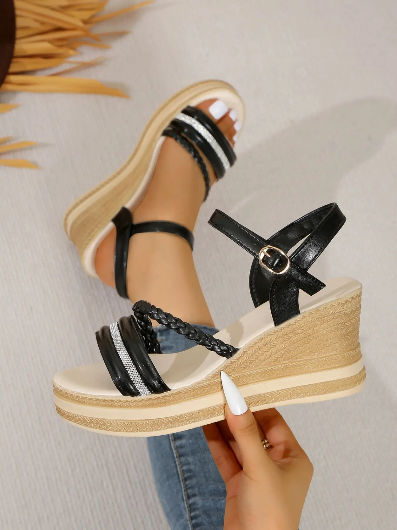 Women Braided Strap Espadrille Wedge Sandals, Open Toe Buckle Ankle Strap, Platform Summer Beach Casual High Heel Shoes
