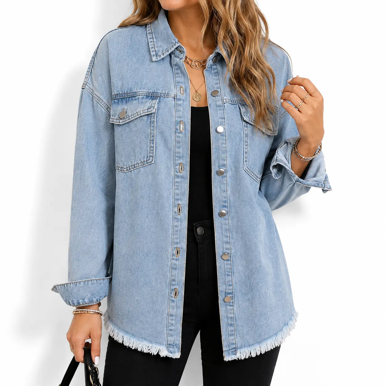 Women’s Oversized Denim Jean Shacket - Long Sleeve Snap Buttons Collared Shirt Jacket with Chest Pockets, Frayed Hem, Mid-Length, Loose Fit Washed Plus Sizes Outerwear for Fall Layering, Street Wear