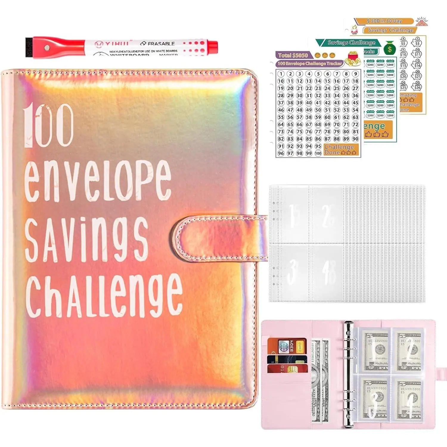 100 Envelopes Saving Challenge Binder, Budget with Cash Envelopes and Saving Tracker, Cash Stuffing Binder from 30 Days to 52 Weeks, to $500,$5,050 and $10,000 (Rose Gold)