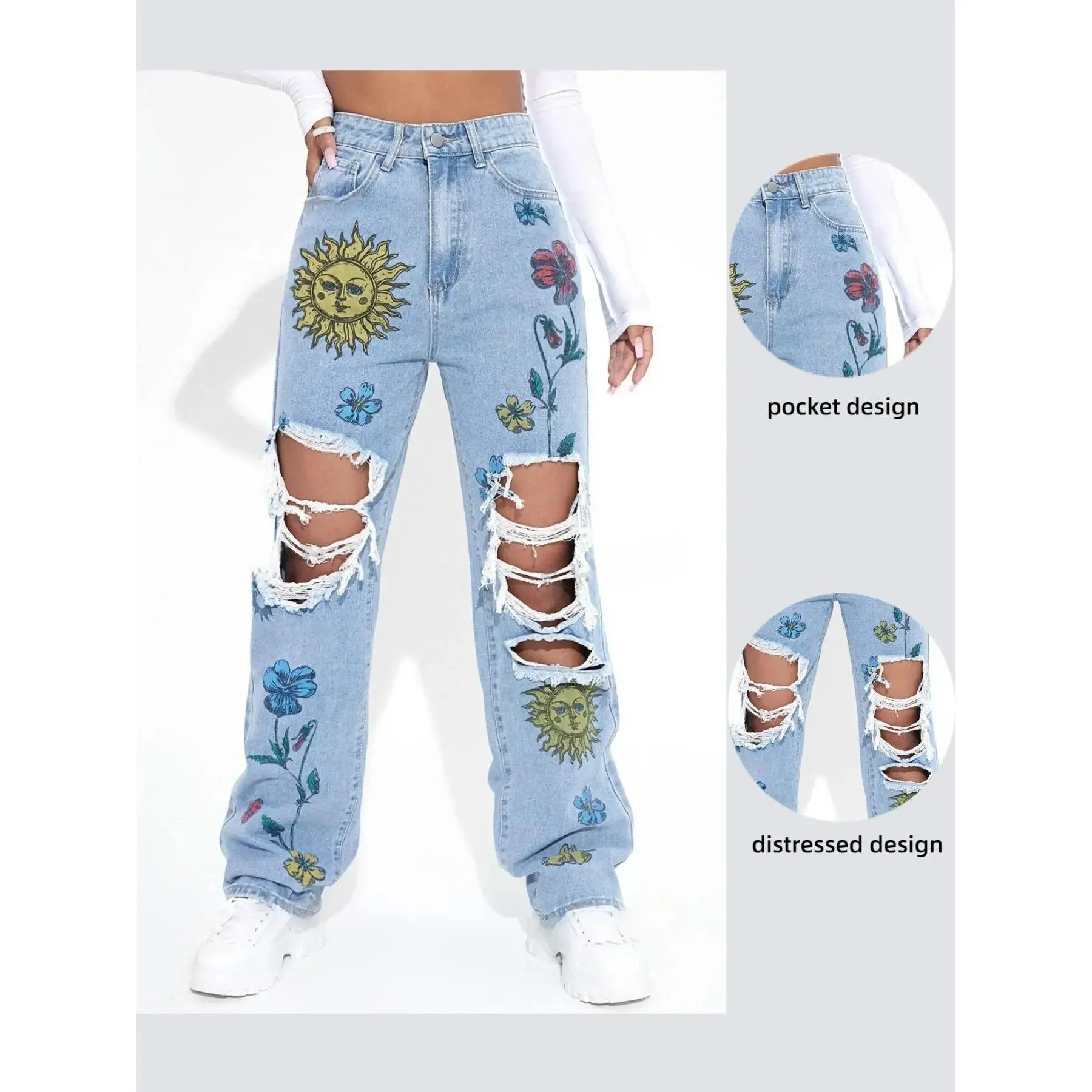 Women's High Waist Ripped Wide Leg Loose Jeans, Bottom, Sunflower Floral Print Y2K Street Style Distressed Light Wash Denim Jeans, Fashionable Casual Everyday Wear Streetwear