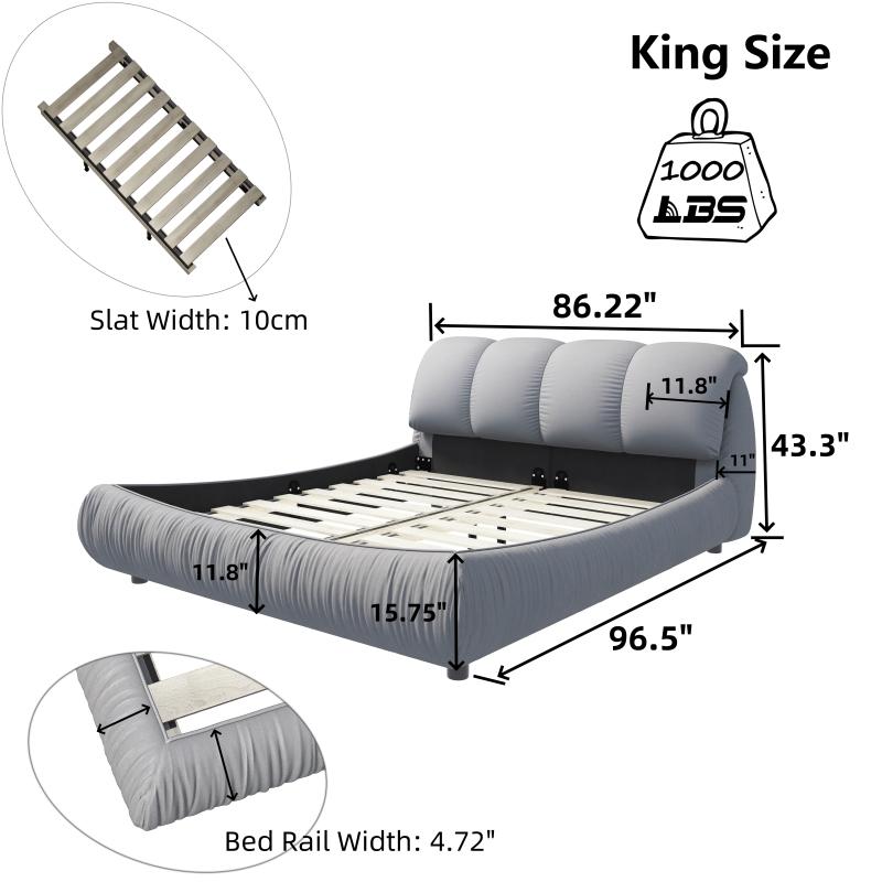 King Size Luxury Upholstered Platform Bed with Oversized Padded Backrest and Solid Wood Frame,suitable for Multiple heights of mattresses,Grey(Old Sku:W1885S00007)    RR