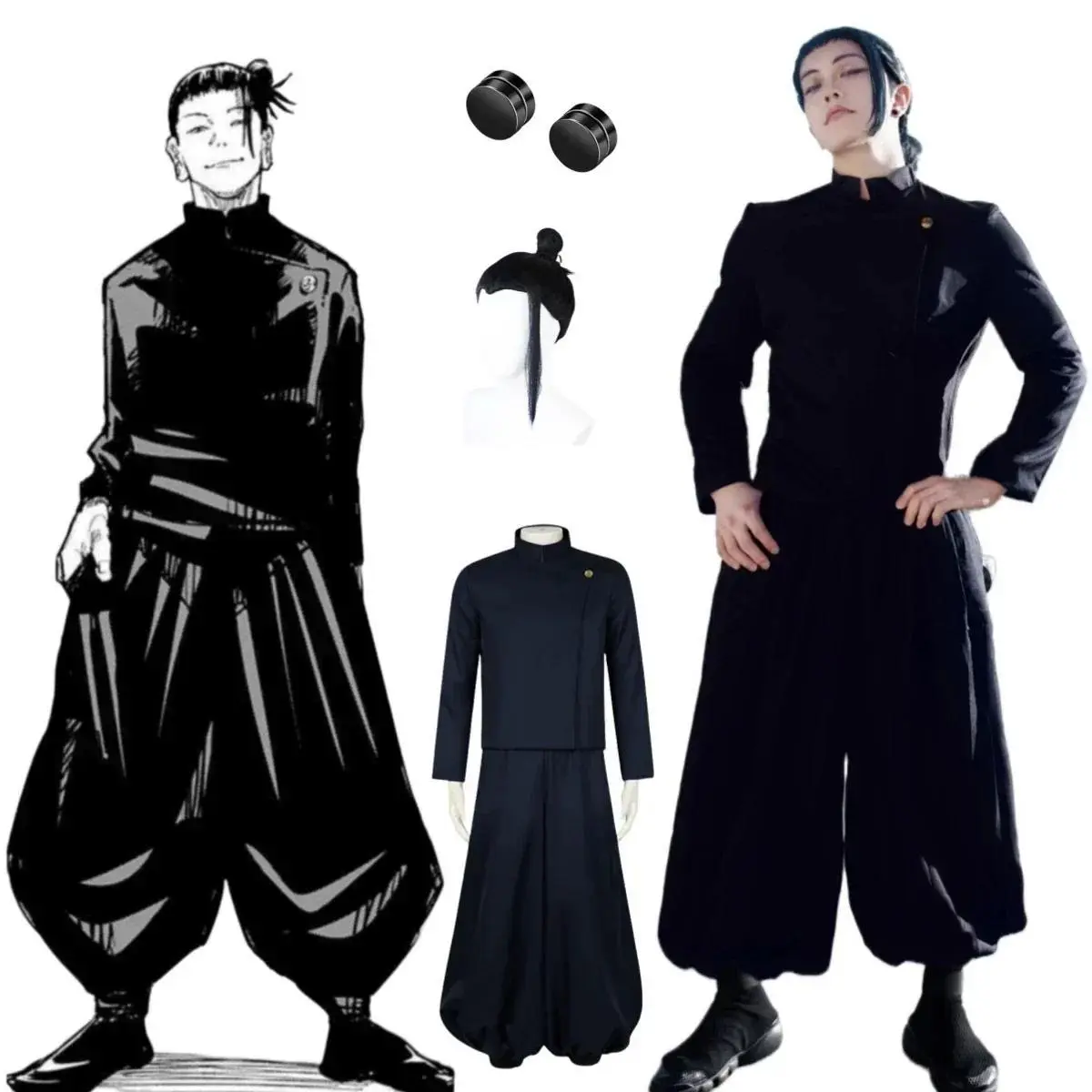 Geto Suguru Cosplay Clothes, Men's Jujutsu Kaisen Polyester-Cotton Black School Uniform Set with Wig, Multi-Size for Halloween Anime Events