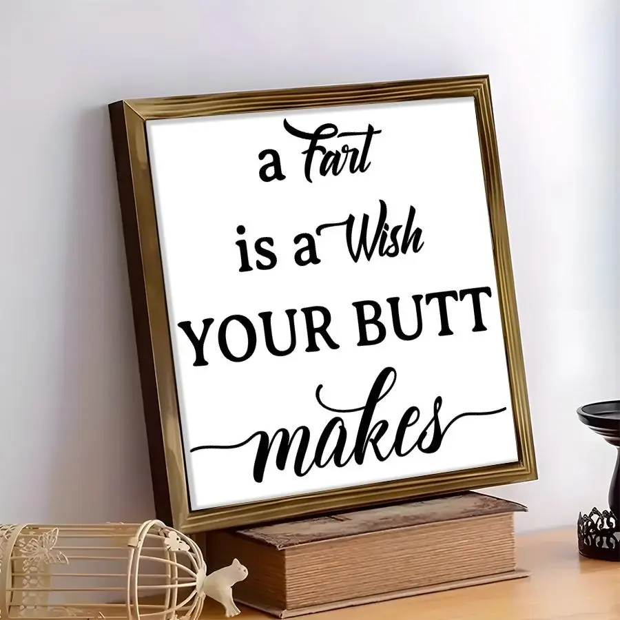 2D flat design, a humorous ‘fart’ joke wall art piece featuring the slogan ‘A fart is a wish made by your bum’ – a poster with a gold wooden frame and black text, ideal for decorating homes, offices and bedrooms – a humorous bathroom sign and gift idea, 2