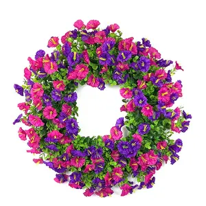 1PC Spring and Summer Outdoor Artificial Red Lotus+Purple Simulated Morning Glory Home Decoration Wreath Suitable for Indoor and Outdoor, Father's Day, Mother's Day, Thanksgiving, Halloween, Christmas Decoration, Four Seasons Suitable for Home, Wedding, P