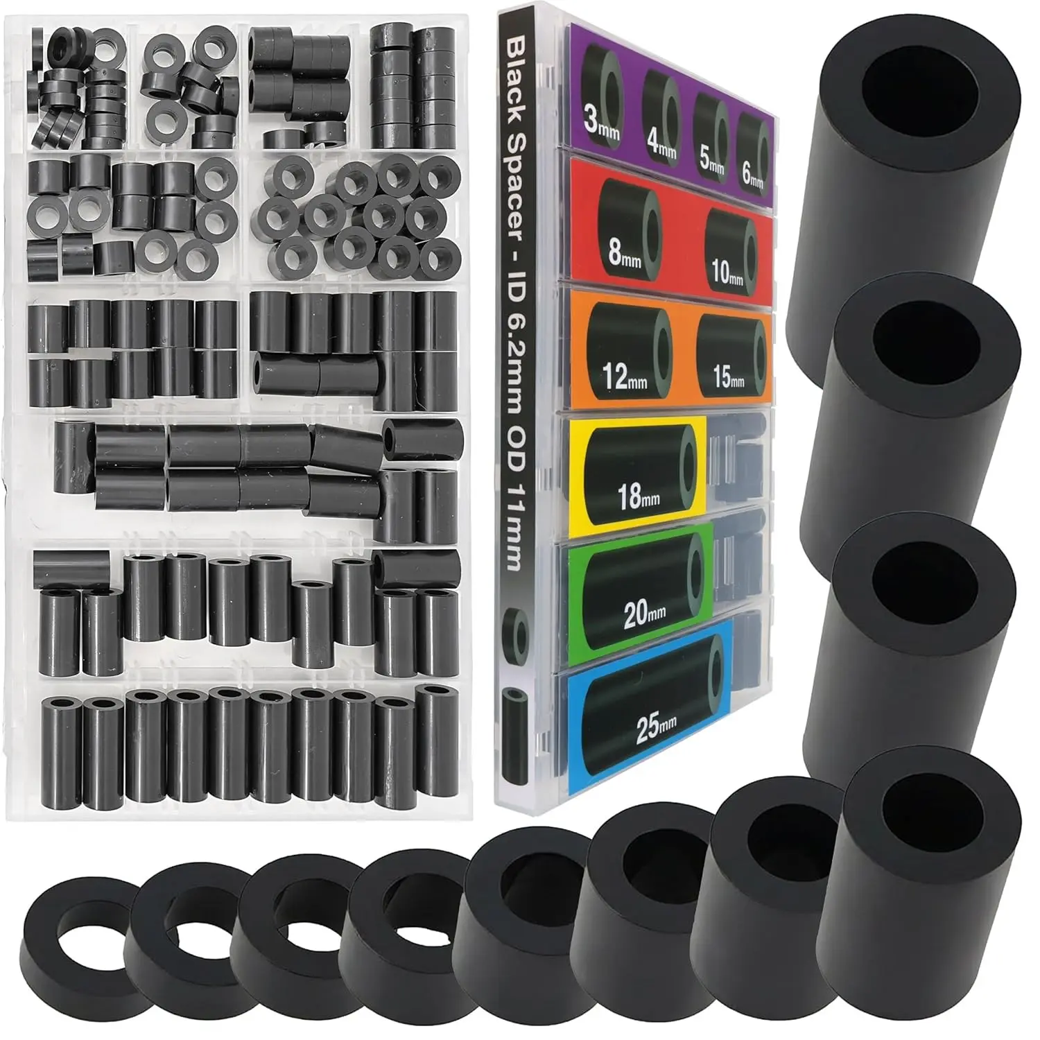 125pcs Black Nylon Round Spacers Standoff Assortment Kit, Non-Threaded for M6 Screws, ID 6.2mm OD 11mm, Lengths: 3 4 5 6 8 10 12 15 18 20 25mmGift