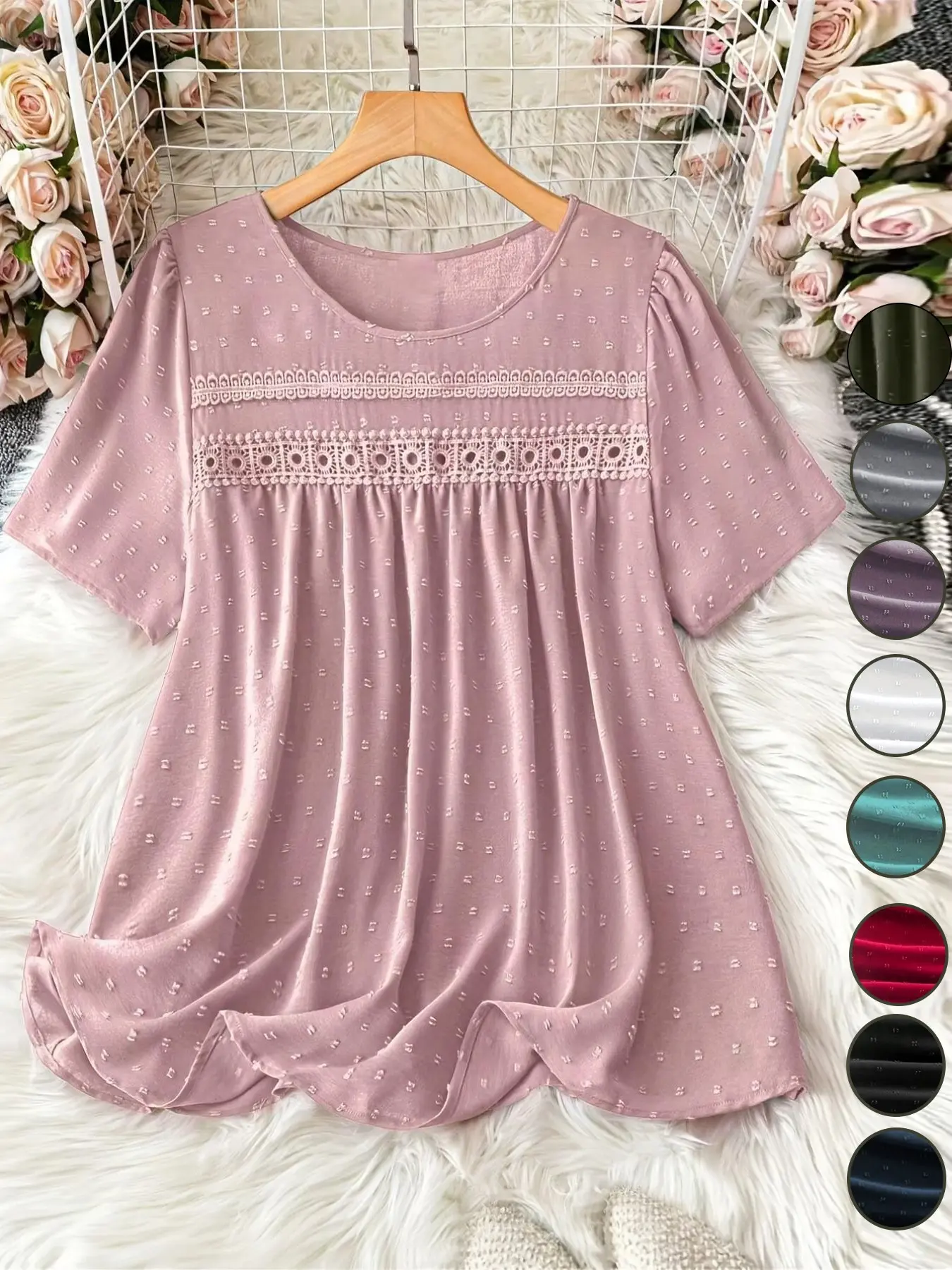 Women's Summer Casual Loose-Fit Ruffle Lace Short-Sleeve Top, European and American Style Plus Size Blouse for Daily Wear