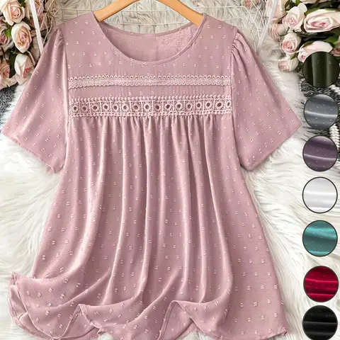 Women's Summer Casual Loose-Fit Ruffle Lace Patchwork Short-Sleeve Top, European and American Style Plus Size Blouse for Daily Wear, Casual Everyday Tops