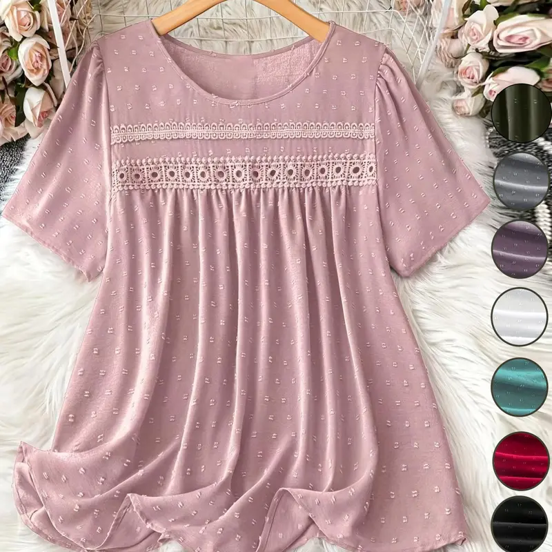 Women's Summer Casual Loose-Fit Ruffle Lace Patchwork Short-Sleeve Top, European and American Style Plus Size Blouse for Daily Wear, Casual Everyday Tops