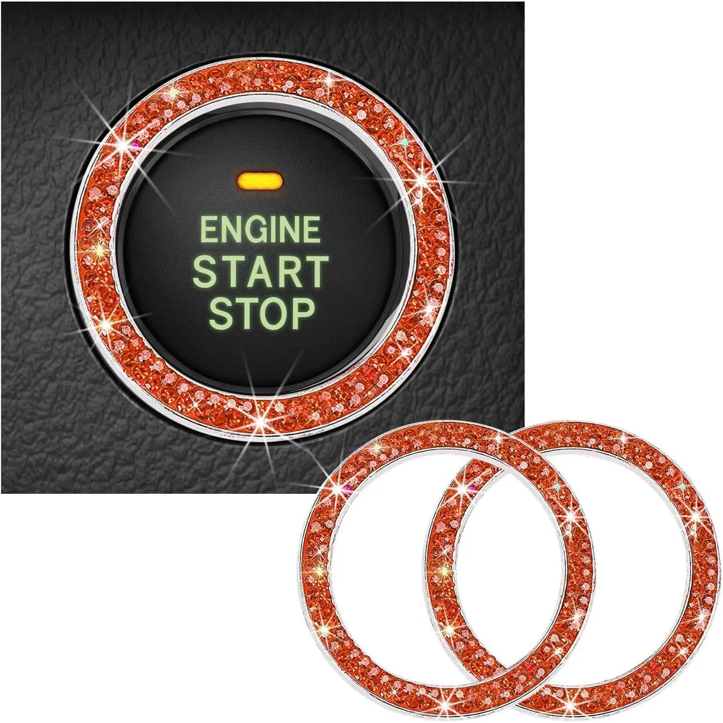 Synthetic Rhinestone Stickers for Cars, 2-Count Modern Bling Double Sticker Set - Sparkle Row Engine Button Start Decoration Ring, Push Start Key & Knob Ring Interior Accessory (Orange)