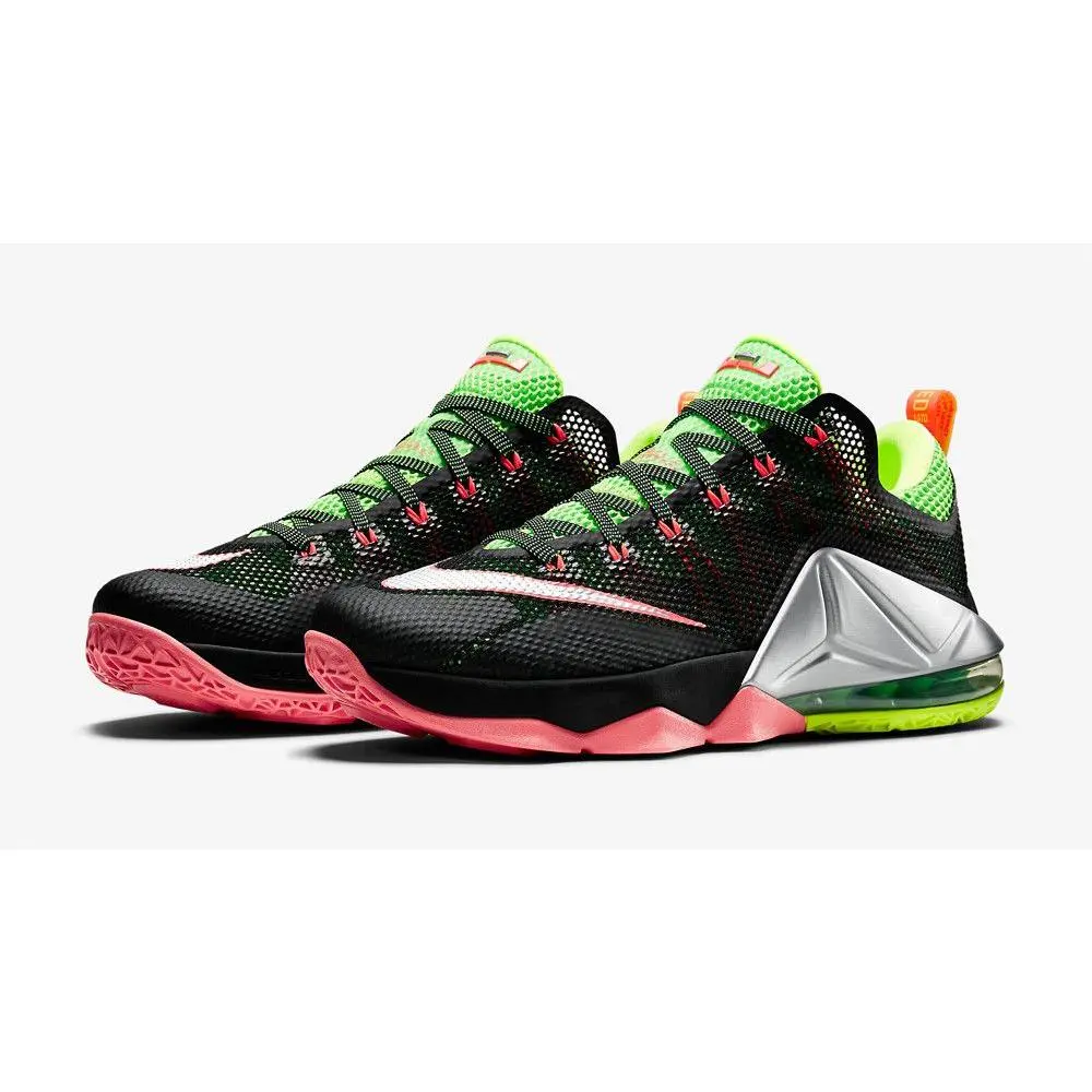 Nike LeBron 12 Low 'Remix' (Unisex) Black/Green Strike-Volt-Metallic Silver-Hot Lava basketball shoes 724557 003